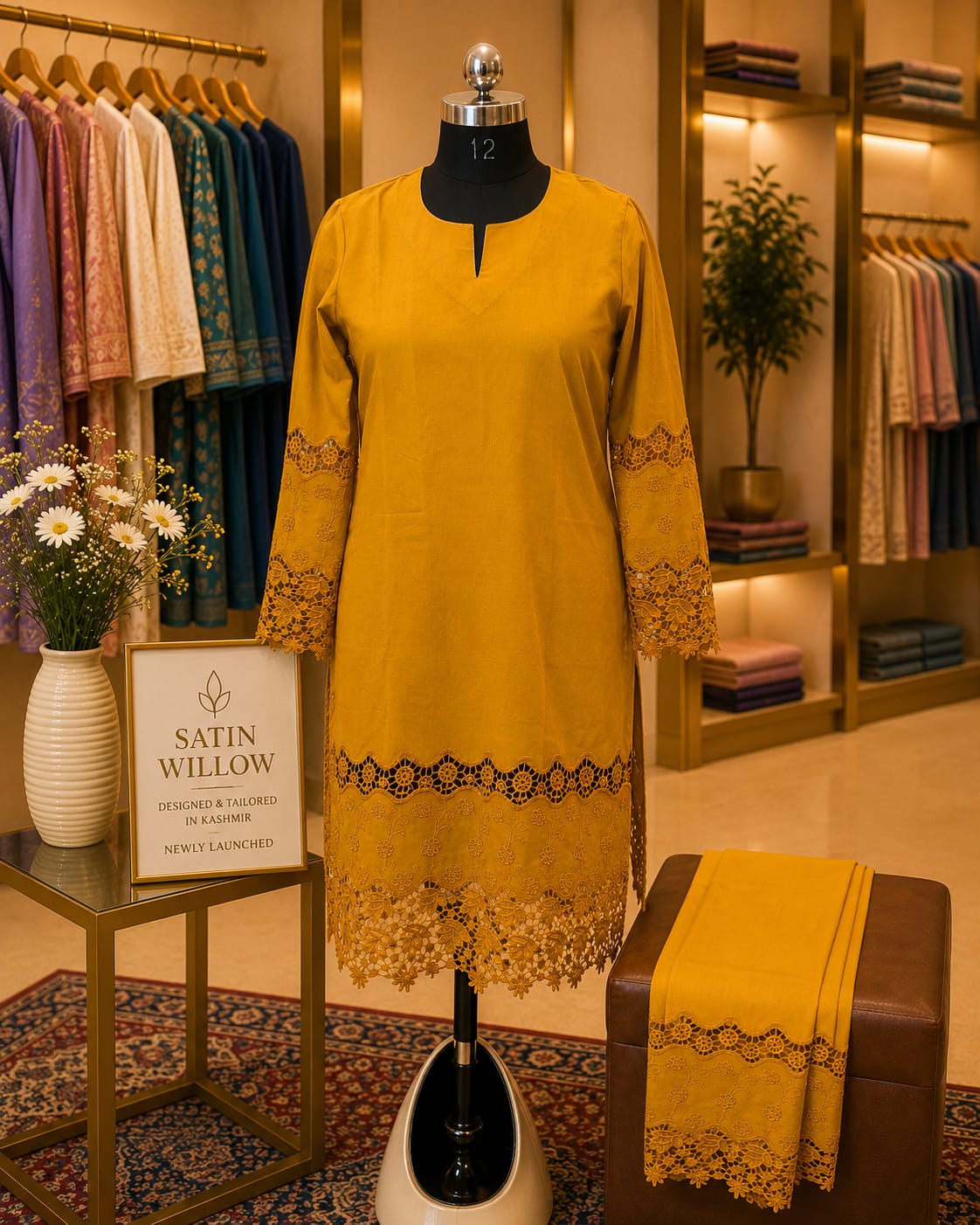 Golden Lace Cotton Co-Ord Set Brand: Satin Willow Collection: Signature Elegance Designed & Tailored in Kashmir